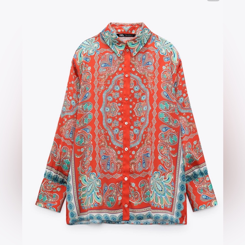 Zara Red Satin Effect Floral Print Flowing Collared Shirt/Blouse Scarf Top